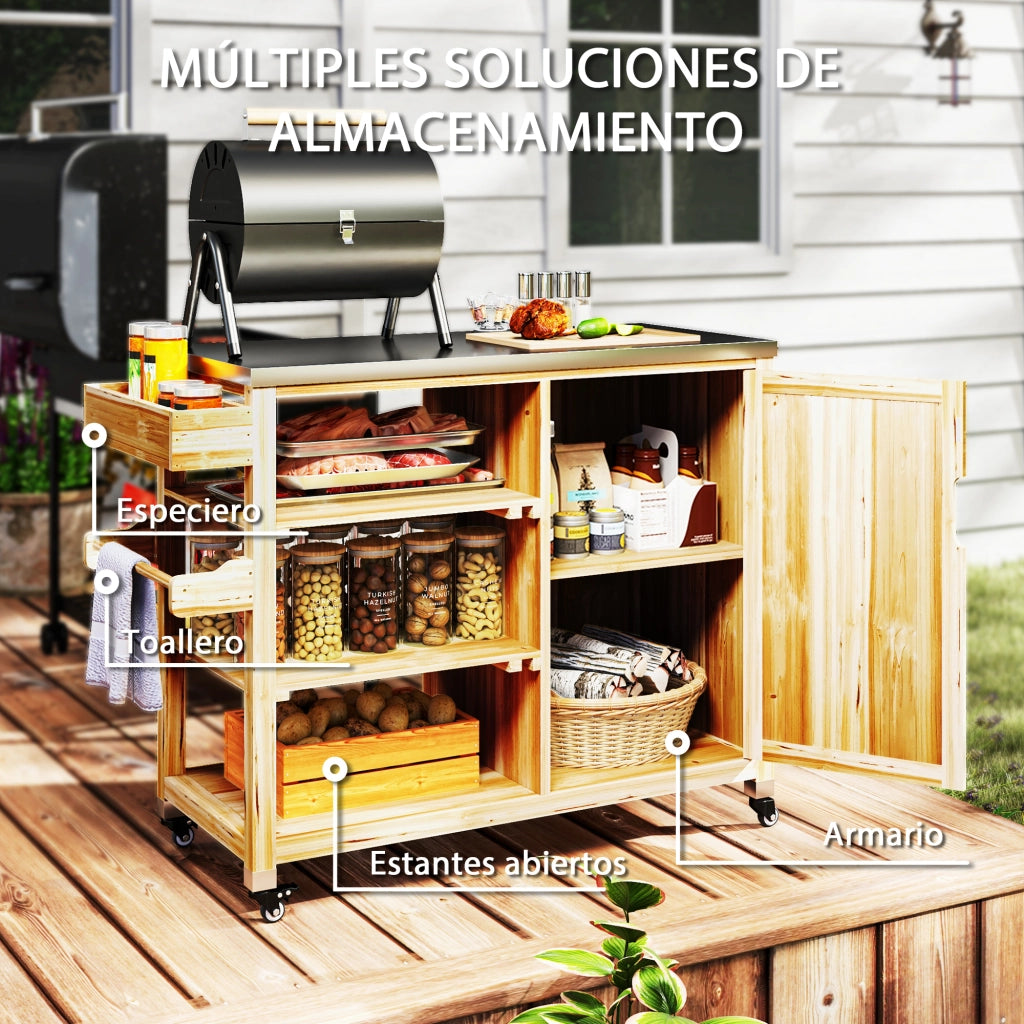Carrello da Barbecue in Legno con 4 Ruote ¨C zephmum ¨C Naturale 134,5x50x91,5 cm