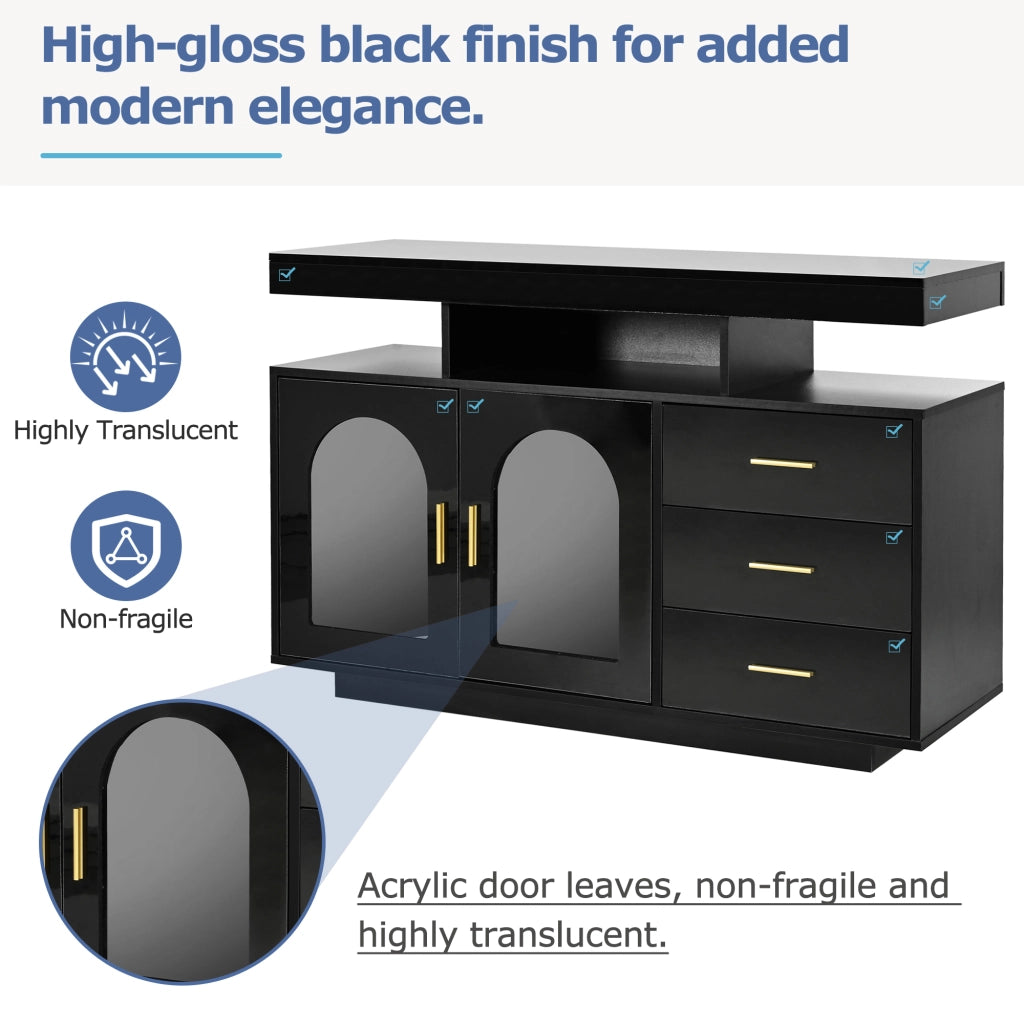 Credenza con 2 ante e 3 cassetti; LED RGB - per soggiorno - 120x40x80 cm - nero