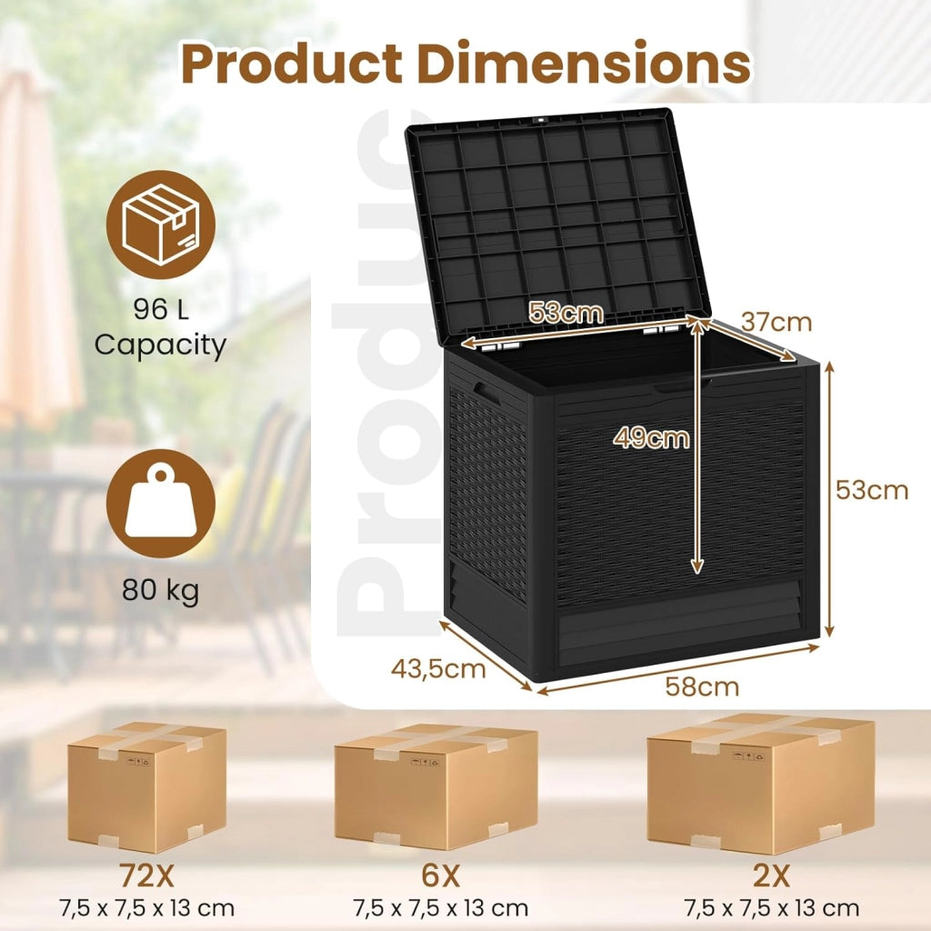 Contenitore da 96L, Scatola da Terrazza in PP Impermeabile per Uso Interno ed Esterno, Contenitore con Design in Rattan Chiudibile a Chiave per Consegna Pacchi (Nero)