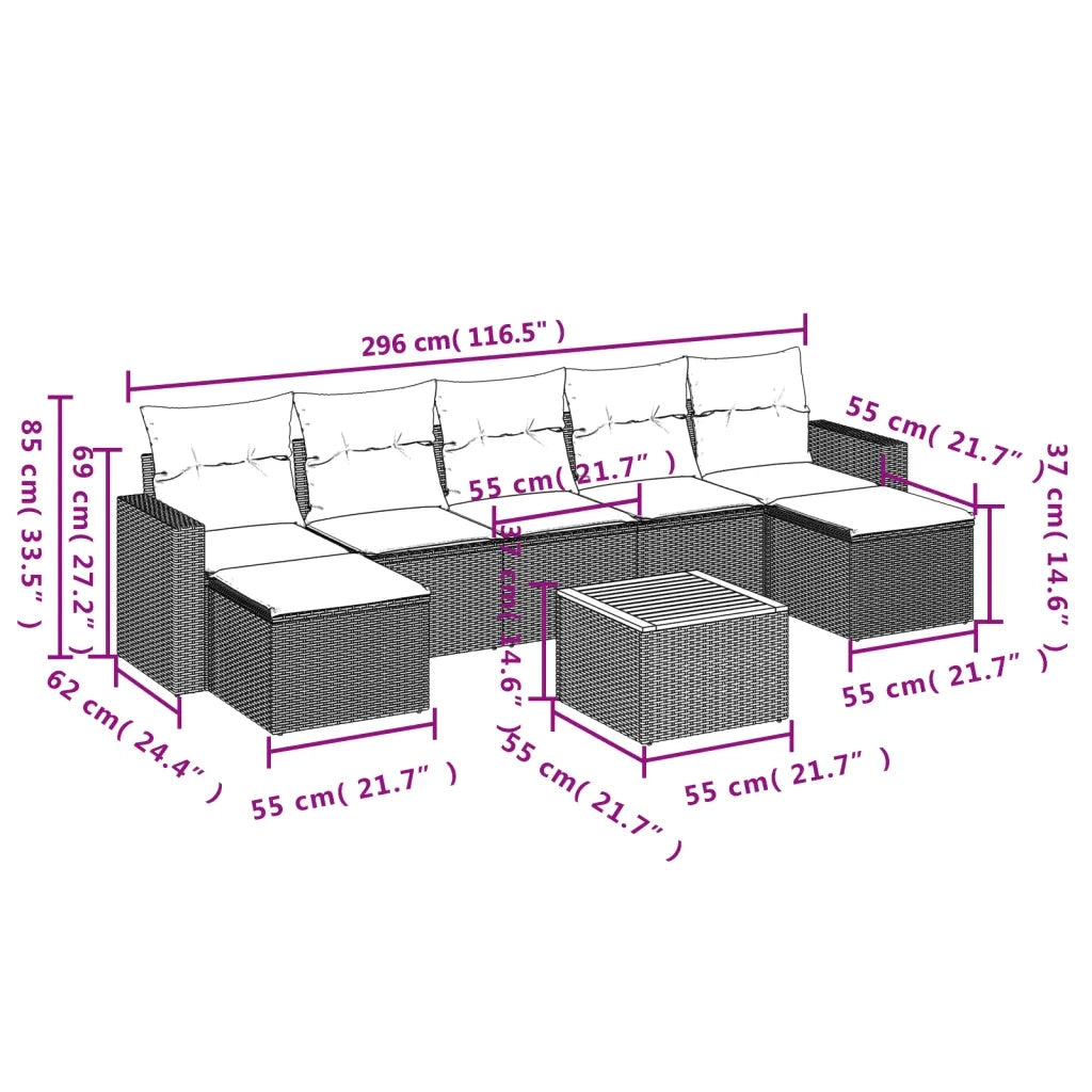 Set Divano da Giardino 8 pz con Cuscini Beige in Polyrattan