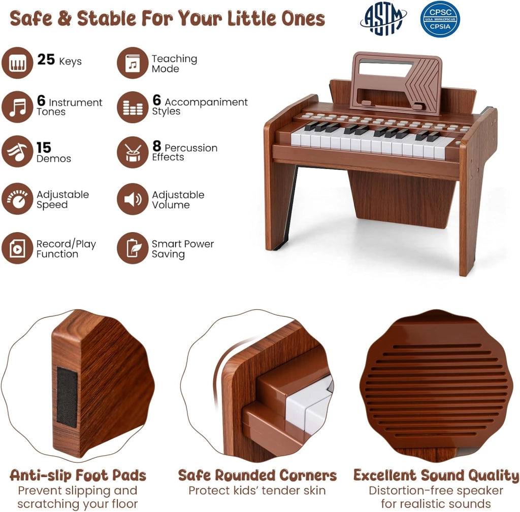Tastiera a 25 tasti per bambini, pianoforte elettronico con tasto luminoso e leggio, pianoforte digitale per bambini di 18+ mesi, registrazione e lettura, modalità di apprendimento (marrone)