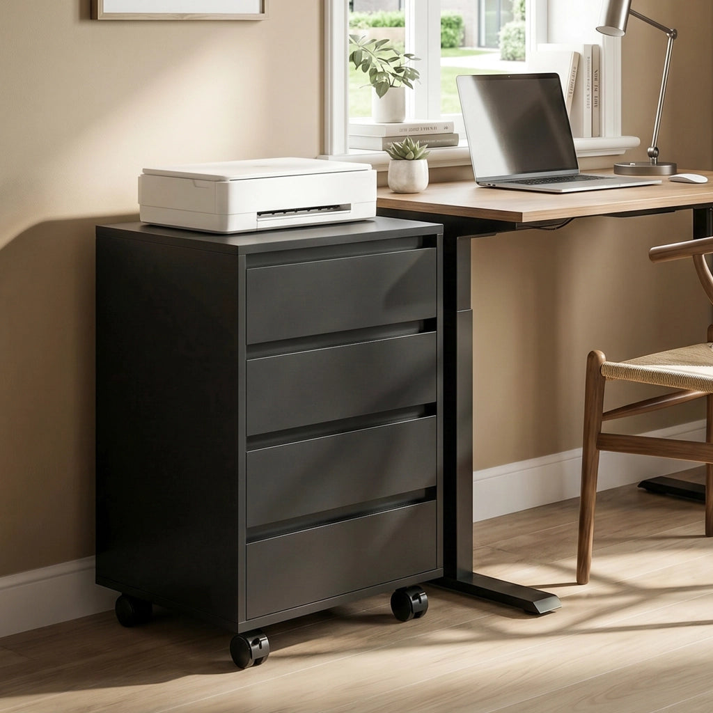 Scrivania con cassetti ¨C zephmum ¨C 4 cassetti in legno nero su ruote