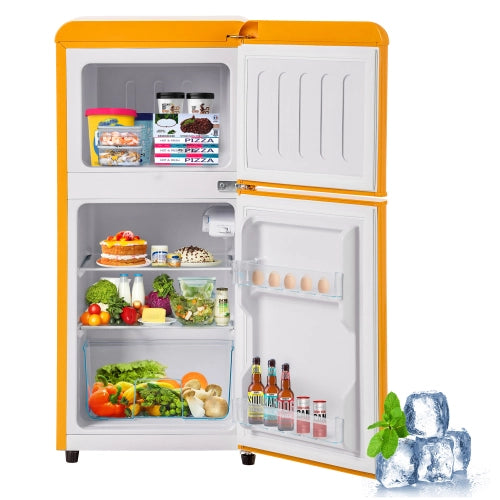 Frigorifero retrò; congelatore; doppia porta; volume totale 60L; vano congelatore 22L; luce LED; efficiente energetico; giallo antico