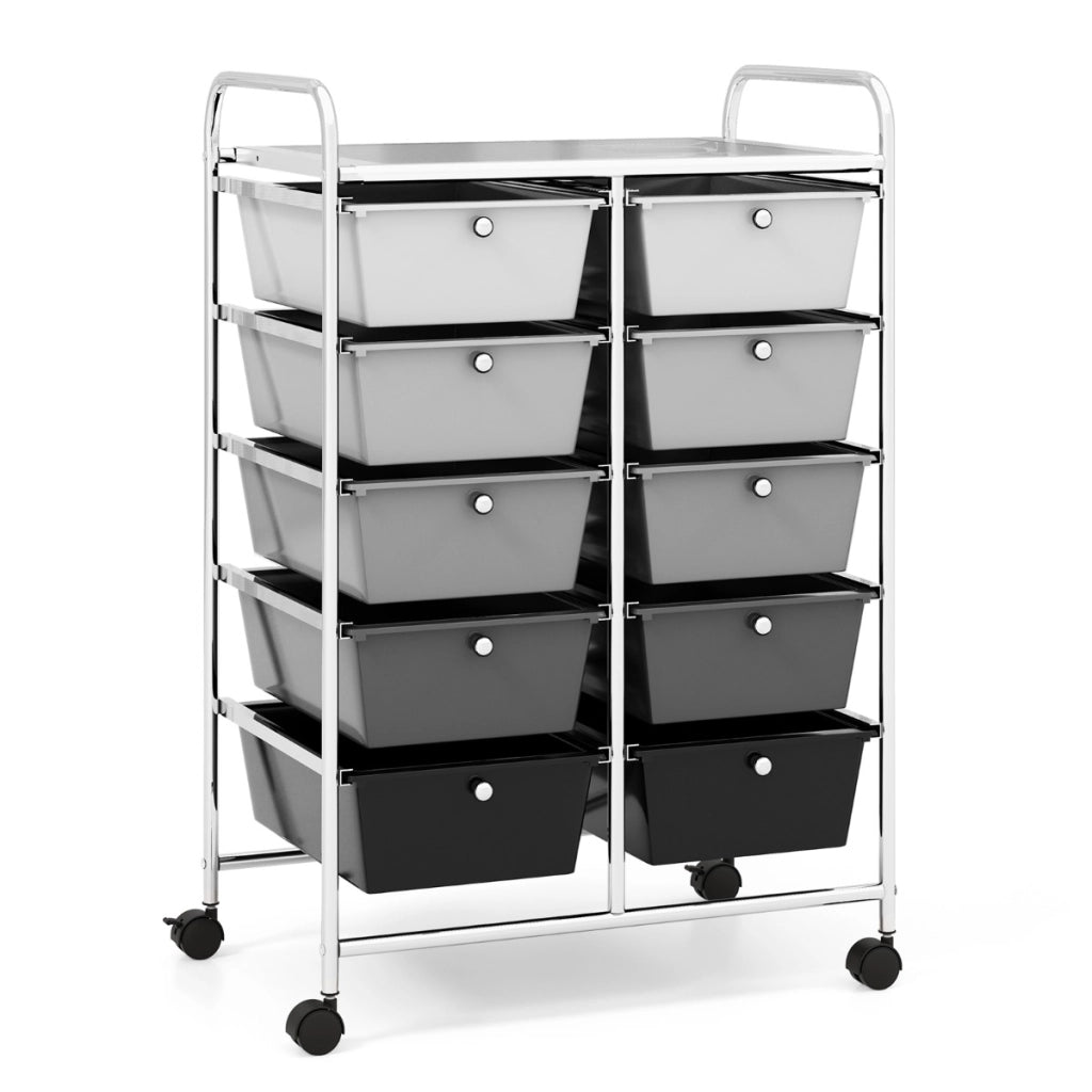 Carrello a 10 cassetti multiuso con ruote, Organizzatore per carta da scrapbooking e utensili da ufficio Nero e argento