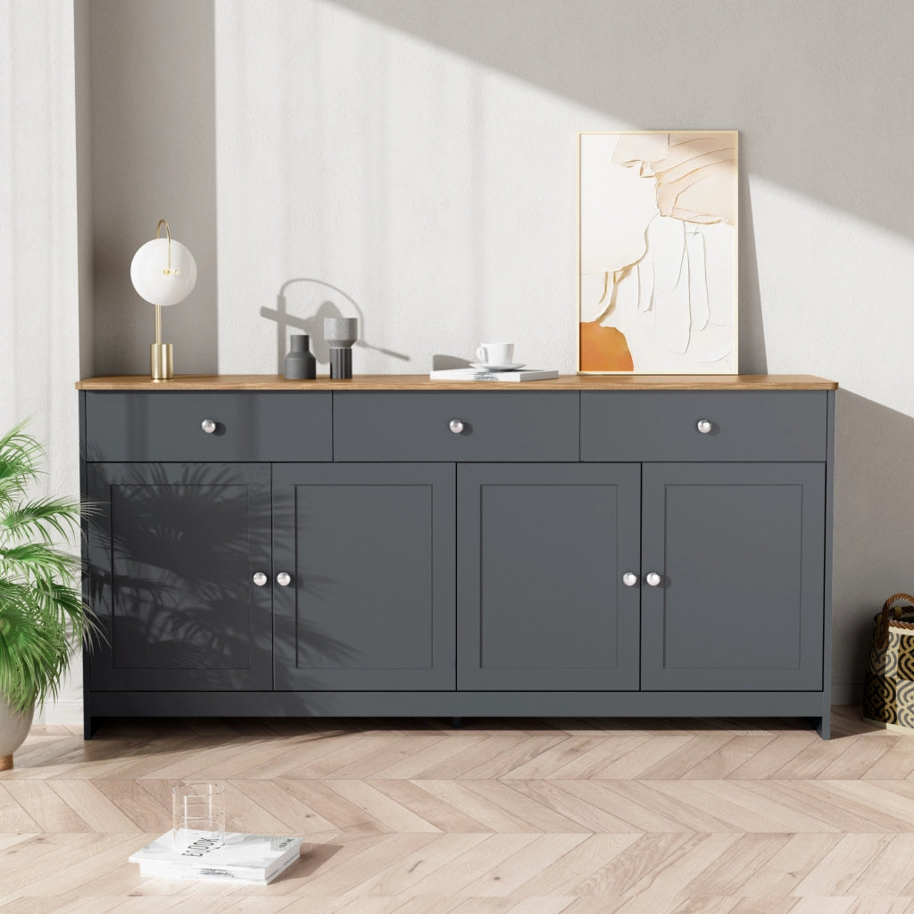 Credenza con 4 Ante e 3 Cassetti; Ripiani Regolabili; Stile Country; in MDF; Nero E Grigio; 160??37??75 cm