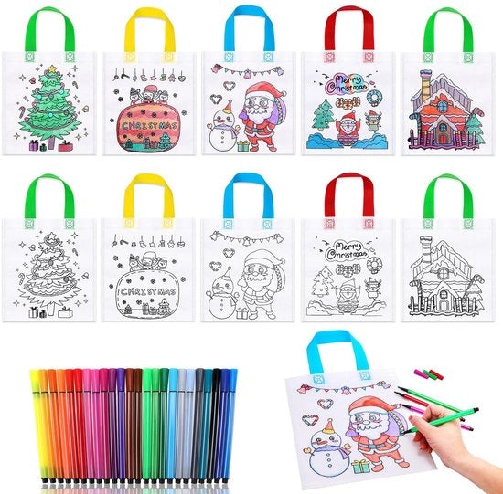 Set di pennelli a tempera per bambini da 24 colori - Tas di regalo non tessuto - Set di attività creativa - 10 pezzi - Tas personalizzabile - Cadeau non tessuto - Set di pennelli per bambini