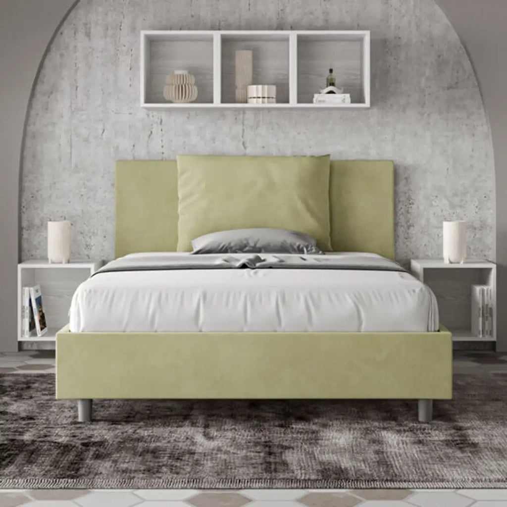 Letto matrimoniale francese senza rete imbottito 140x190 microfibra tè verde Antea