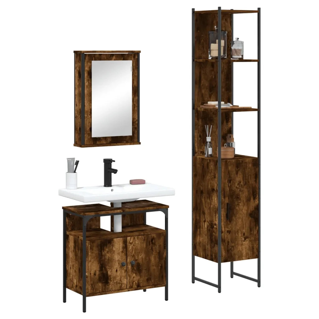 Set Mobili da Bagno | Armadio da bagno 3 pz Rovere Fumo in Legno Multistrato
