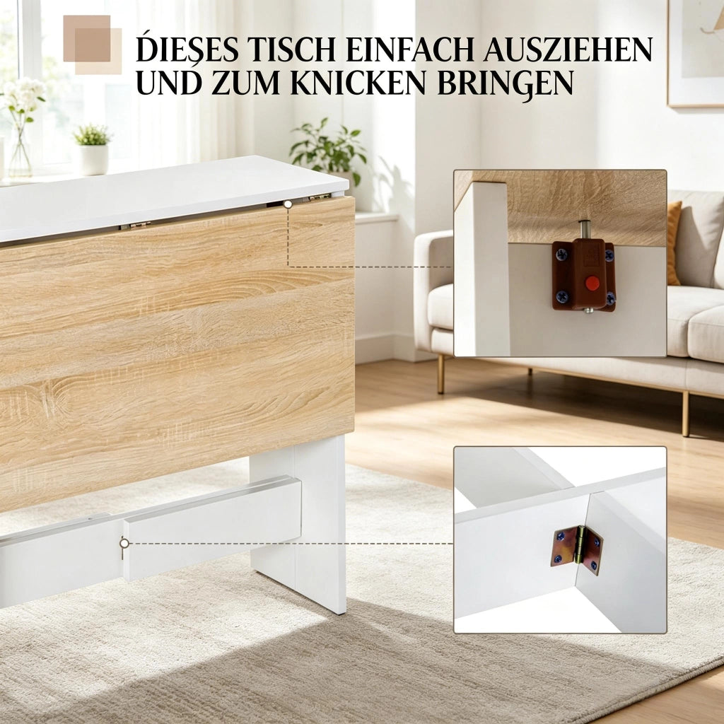 Tavolo allungabile con piano pieghevole, struttura in MDF, design bicolore rovere bianco, per cucina e soggiorno