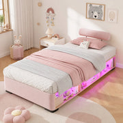 DESMIU Letto bambino 90 × 200 cm con mensola, LED e testiera modulabile, senza materasso, in velluto, rosa