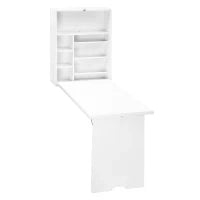 Scrivania a muro pieghevole, tavolo a parete pieghevole con ripiani per soggiorno, sala da pranzo, ufficio, 93,8 x 60 x 147 cm, bianco