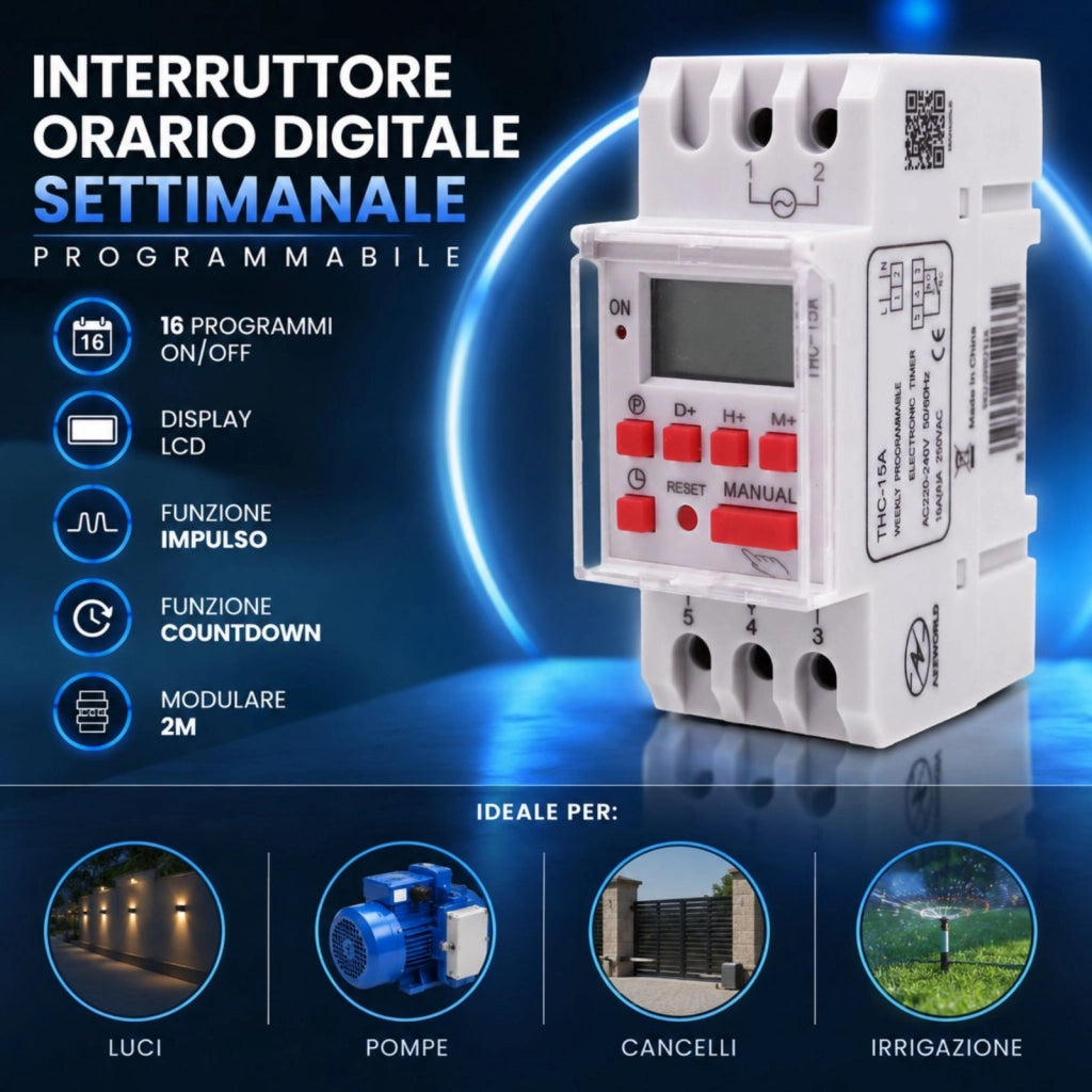 Interruttore Orario Digitale Settimanale Programmabile, Orologio Timer Modulare 2M, 16 ON/OFF, Display LCD, Funzione Impulso e Countdown, Programmatore Luci Pompa Cancello
