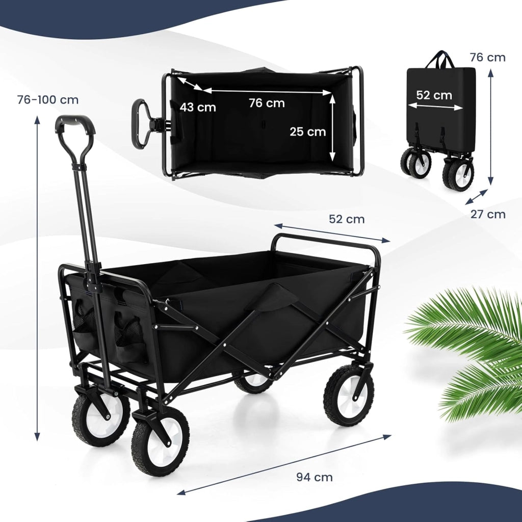 Carrello da Spiaggia Pieghevole, Carrello con Ruote Portatutto con Maniglia Regolabile, 2 Tasche a Rete e Portabicchieri, Carretto Giardino Portatile per Campeggio, Shopping e Mare (Nero)