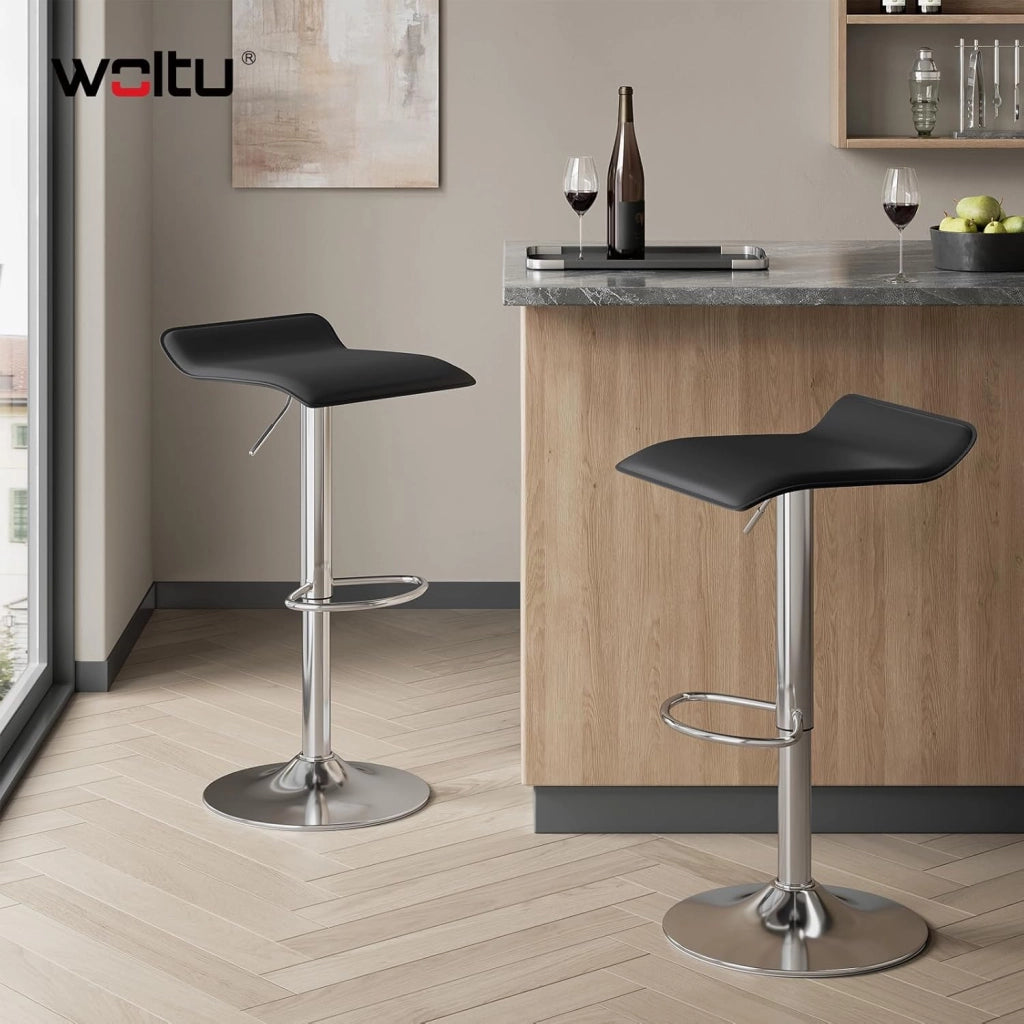 Sgabello da Cucina, Sgabello da Bar Colazione Regolabile in Altezza Girevole a 360°, per Bar, Cucina, Banco, Caffè, PVC+Metallo, con Poggiapiedi, Nero+Argento