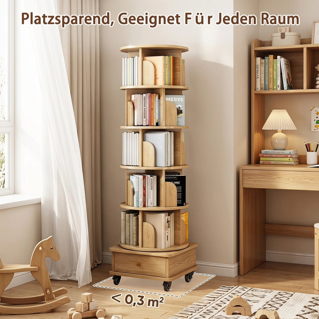 LIBRERIA Girevole 360° con cassetto e ruote 58x56x29 cm Colore legno MDF