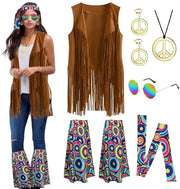 Costume hippie per donna - Set di accessori per costume hippie - Giacca con frange - Occhiali rotondi - Collana di pace - Calzettoni per gambe - Pelle imitativa di alta qualità in suède - Costume retro