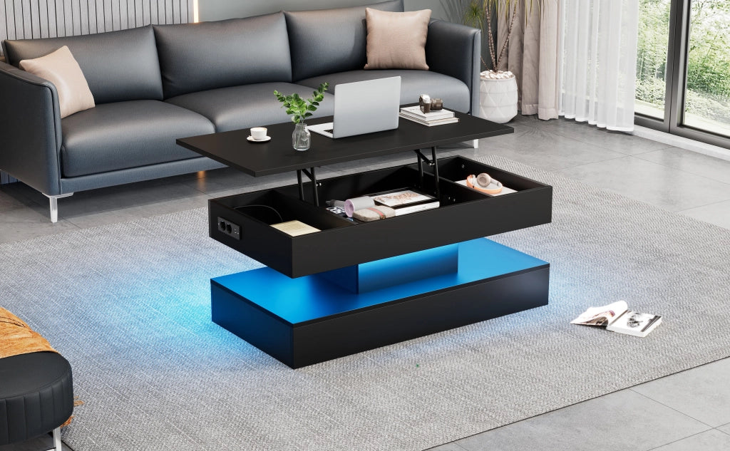 TAVOLINO da caffè alzabile 100x50x42 cm con LED e prese UE nero in truciolare