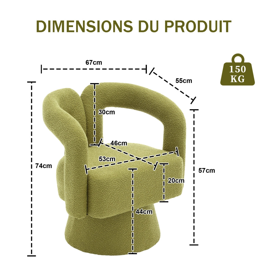 Poltrona Girevole 360° con Seduta Ampia e Cuscino Spesso; Braccioli Arrotondati; in Bouclé Verde Oliva
