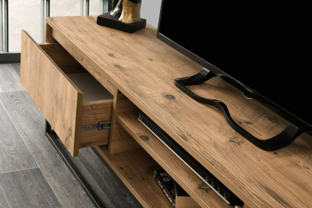 Mobile porta TV Kira, Credenza da soggiorno, Armadio basso per TV, Base parete attrezzata, 180x40h50 cm, Nero e Quercia