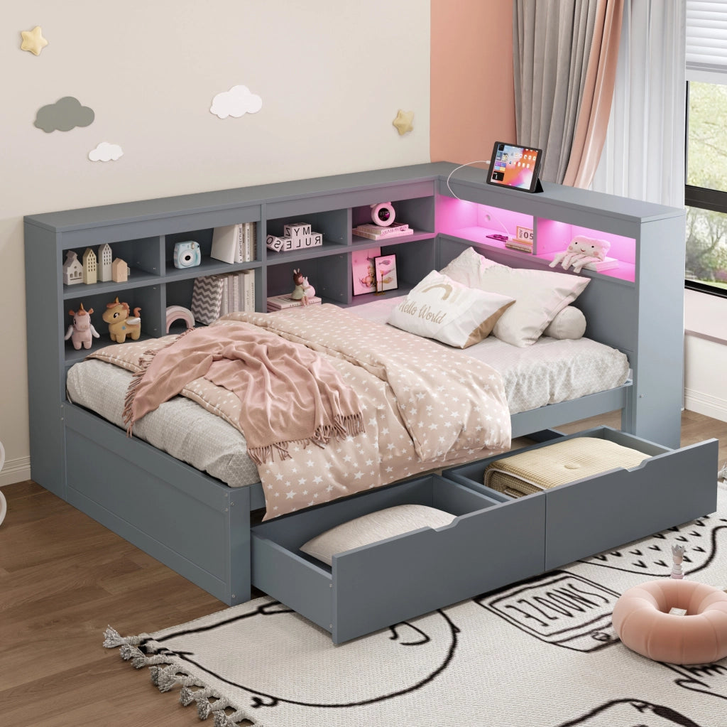 Letto singolo multifunzione 90x200 cm grigio con LED e USB