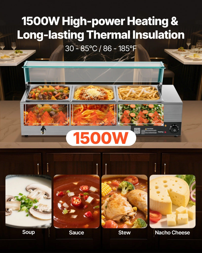 Scaldavivande elettrico a buffet M-2213 in acciaio inox, 3 contenitori 1/2, 1500 W, con coperchio in vetro, pratico e robusto per catering e feste