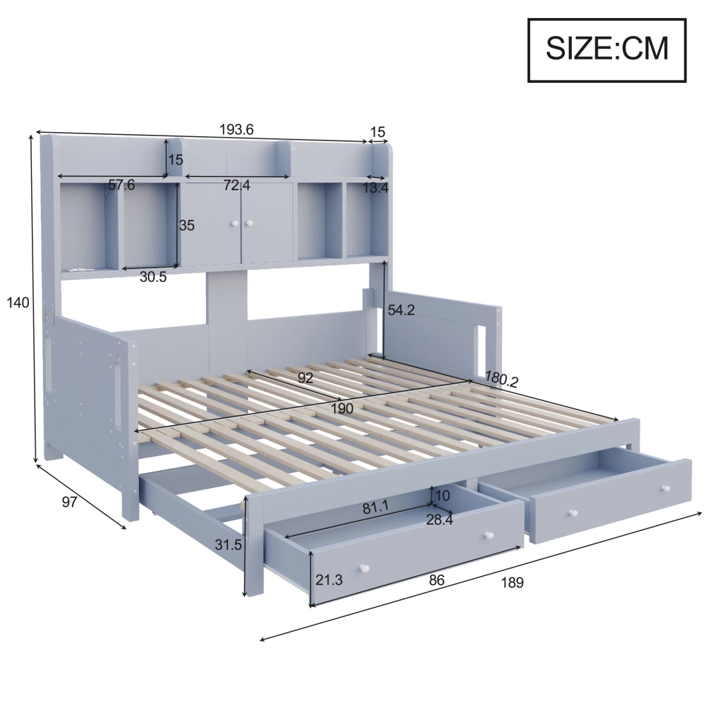 Divano letto estraibile 90 × 190 cm e 180 × 190 cm con cassetti, vani portaoggetti, presa e luci LED, senza materasso, grigio