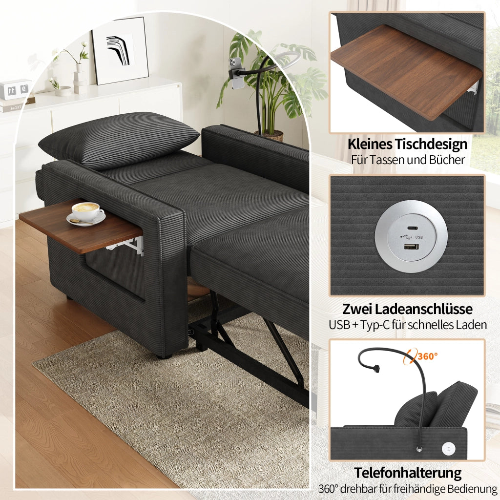 DIVANO LETTO 93x150 cm in velluto a coste Grigio, 1 posto con cuscino