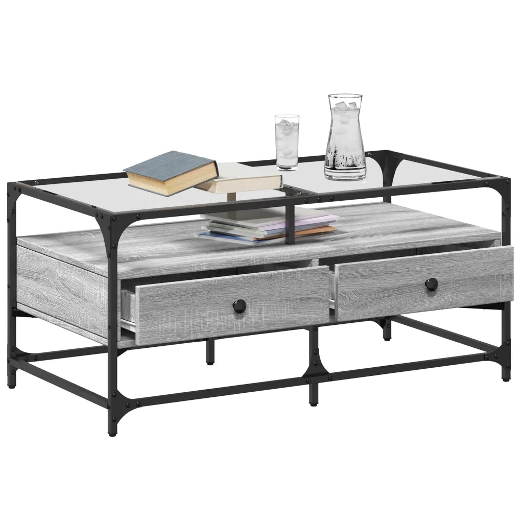 Tavolino da salotto | Tavolino da caff¨¨ | Tavolino da Soggiorno con Piano in Vetro Grigio Cemento 98,5x50x45cm Acciaio