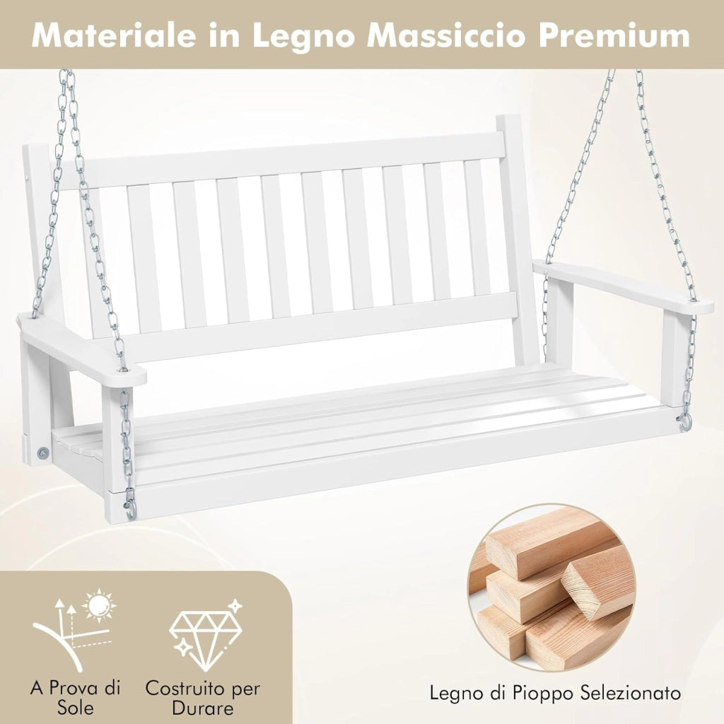 Altalena da Giardino in Legno per 2 Persone, Panchina Sospese in Legno con Capacità di Peso di 230 kg, Sedia a Dondolo per Giardino, Cortile (Bianco, 136 x 67 x 63 cm)