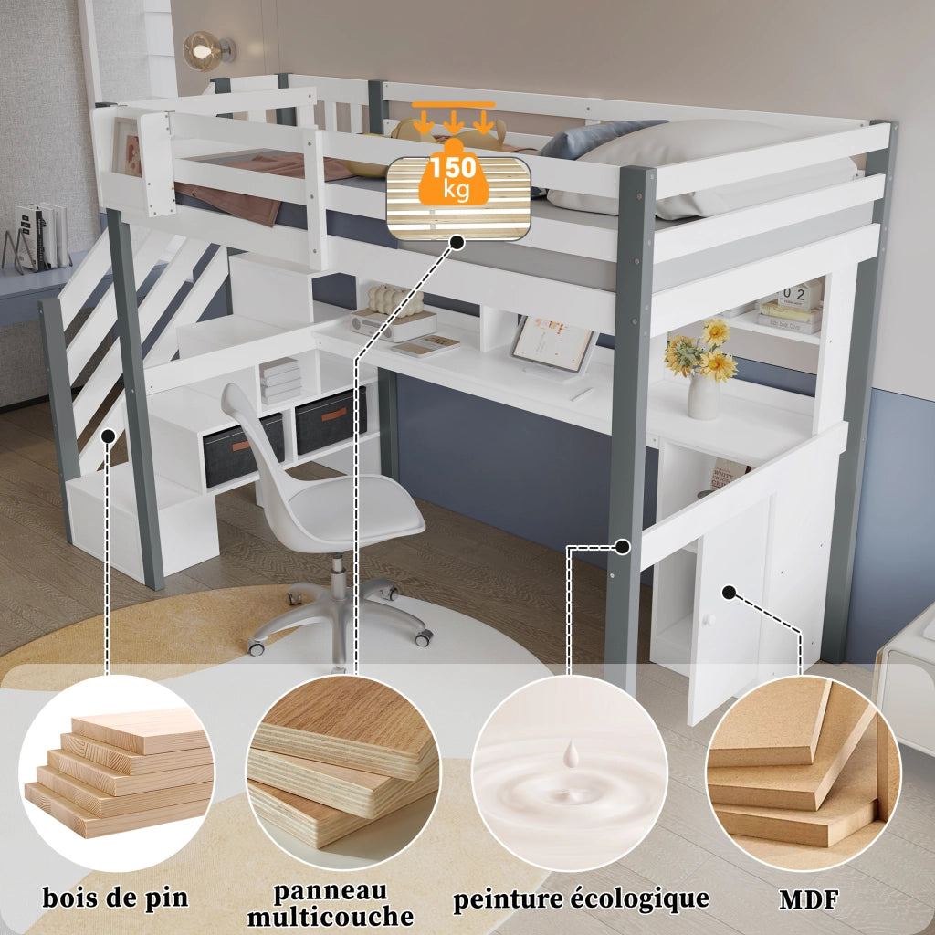 Letto a Soppalco 90x200 cm - Scala Laterale; Scrivania; Libreria e Armadio - Bianco