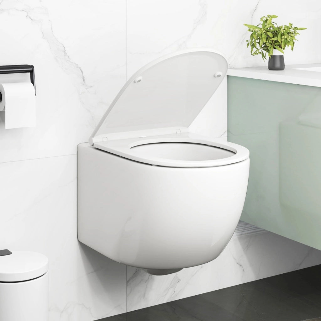 Vaso WC in ceramica da parete e sedile WC con sistema di doppio scarico, Vaso WC facile da pulire Bianco-Bagno