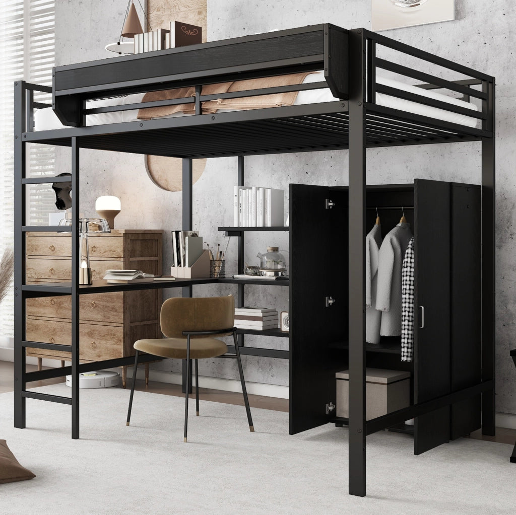 Letto a soppalco ULEVR 140x200 cm con scrivania, armadio integrato e ripiani, metallo e MDF nero
