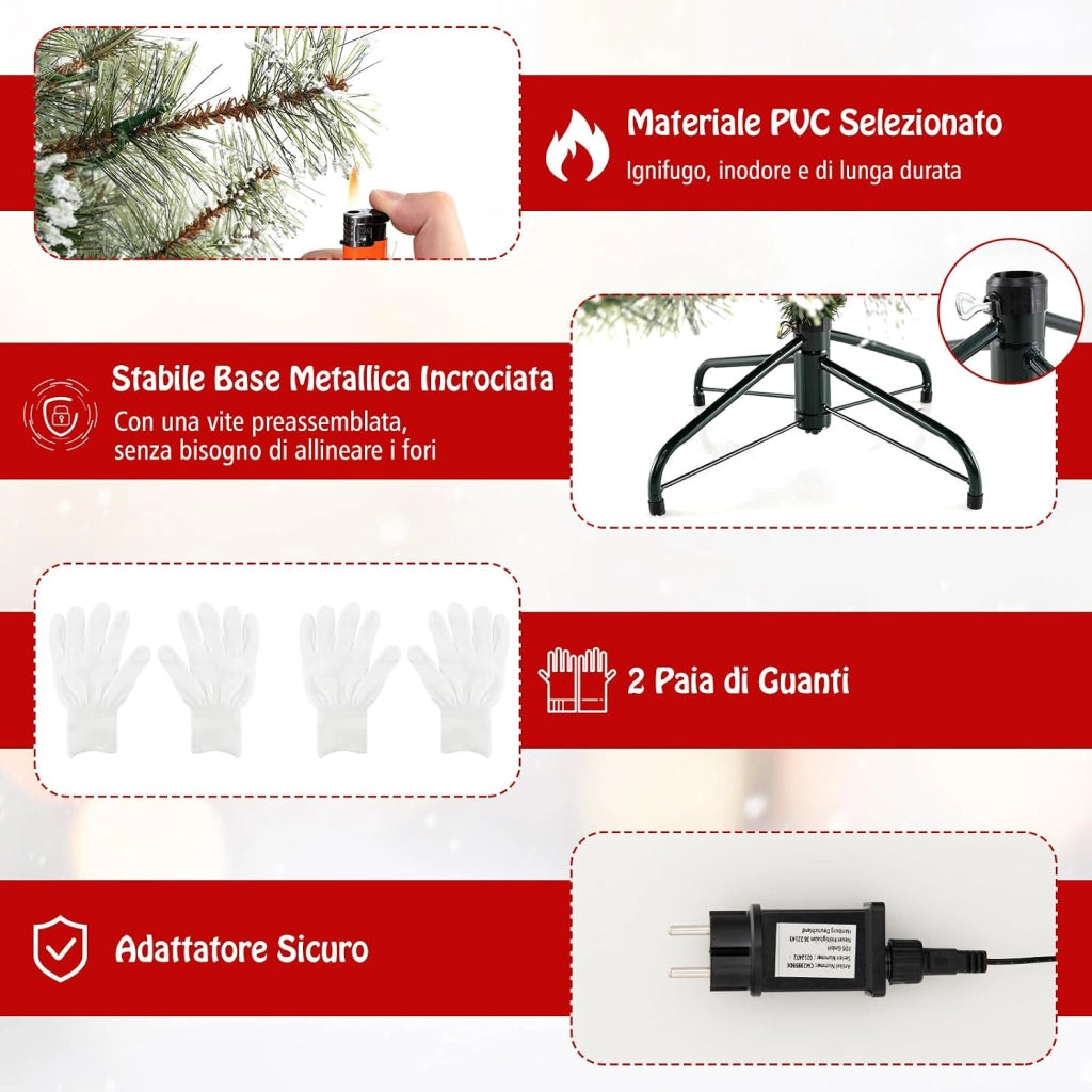 Albero di Natale Artificiale 180 CM, Albero di Natale Pre-Illuminato con 350 Luci LED Multicolore e Calde, 9 Modalità, 598 Punte di Pino, 42 Pigne e 42 Bacche Rosse