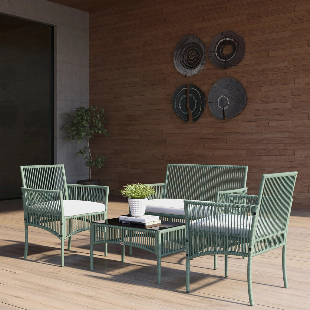 Set da Giardino 4 Pezzi in Rattan con Divano, 2 Poltrone e Tavolino ¨C Zephmum ¨C Verde
