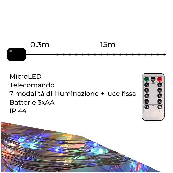 LUCI DI NATALE MULTICOLORE 150 MICRO LED A BATTERIA PER ESTERNO CON TELECOMANDO - 8 MODALITA' DI ILLUMINAZIONE