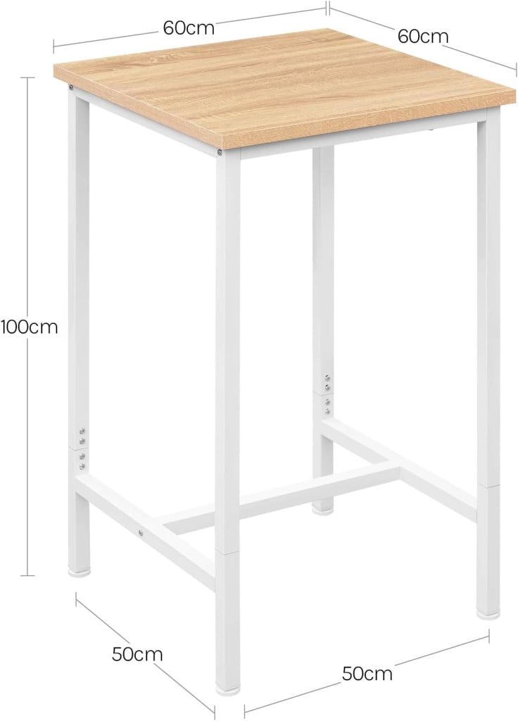 Tavolo da Bar Quadrato, Tavolo Cucina Alto, Tavolino in Metallo & Legno per Cucina, Soggiorno, Rovere Chiaro+Bianco