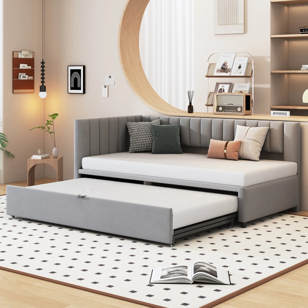 Divano letto a L con letto estraibile velluto grigio 90x200 cm