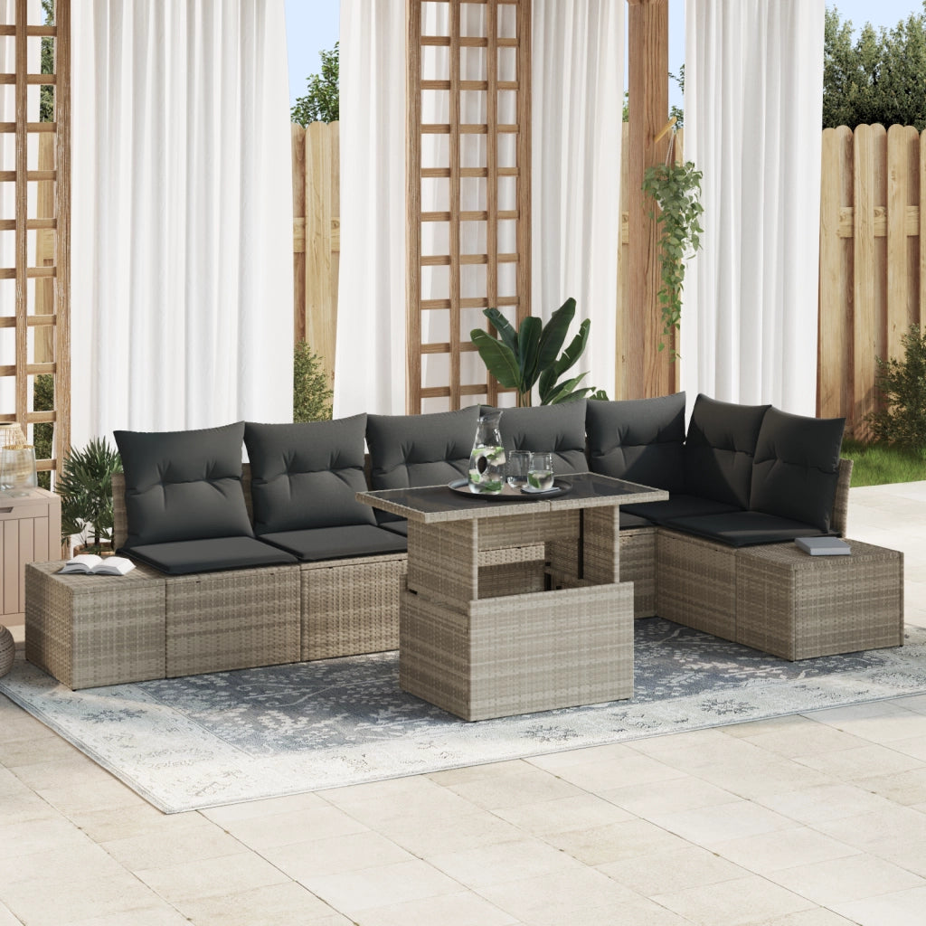Set di divani da giardino 7 pezzi con cuscini grigio chiaro in polyrattan