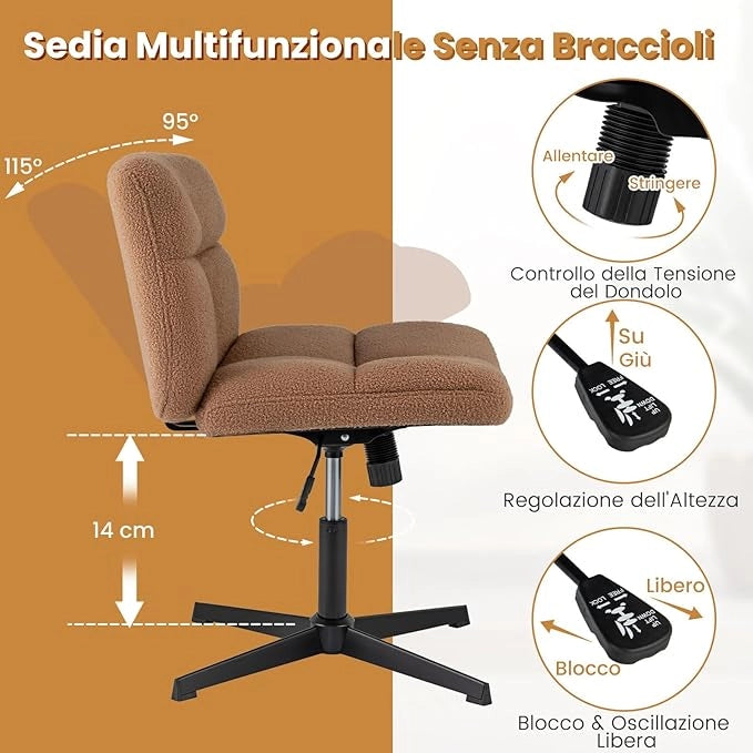 Sedia da Ufficio senza Braccioli, Sedia da Scrivania a Gambe Incrociate con Altezza Regolabile, Rotazione a 360°, Tessuto Morbido, Ampia Seduta Imbottita, Portata 160 kg
