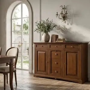 Credenzone in legno arte povera 2 ante 6 cassetti mod goccia noce scuro