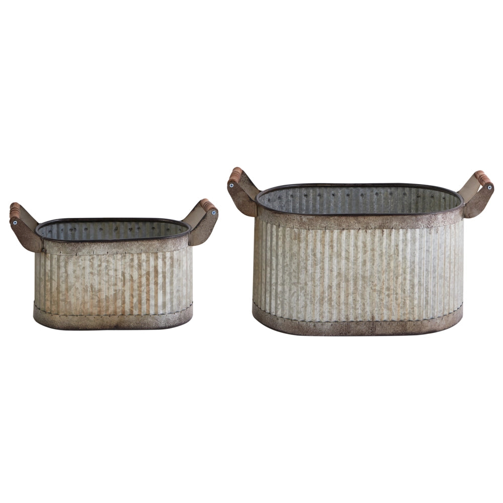 Set di 2 vasi per piante Grigio Effetto Distressed Ferro Manici in legno per interni e per esterni con plastica Stile Industriale