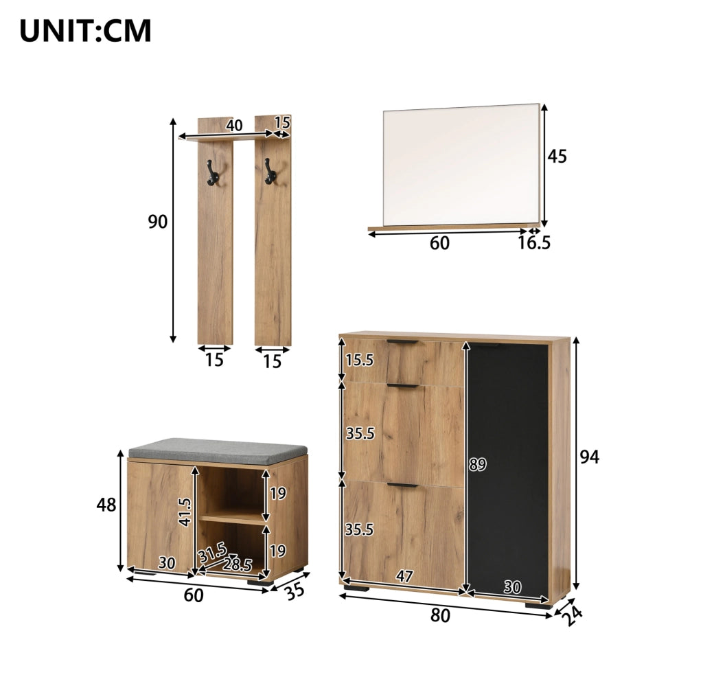 Set guardaroba da ingresso con panca scarpiera; specchio e appendiabiti 140x35x139 cm in truciolare naturale e nero