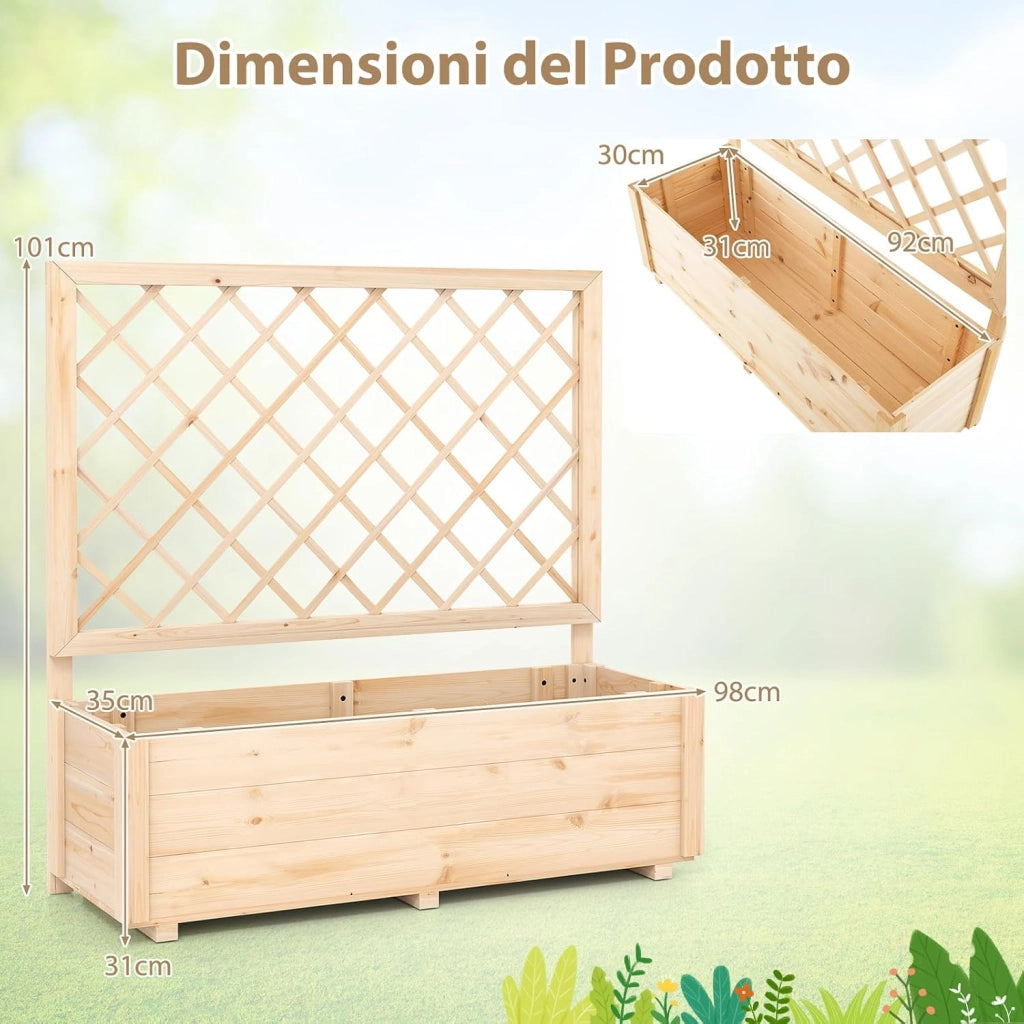 Fioriera con Traliccio, Letto da Giardino Rialzato con Grigliato e Fori di Drenaggio, Aiuola Elevata in Legno per Piante Rampicanti da Interno ed Esterno (98 x 35 x 101 cm)