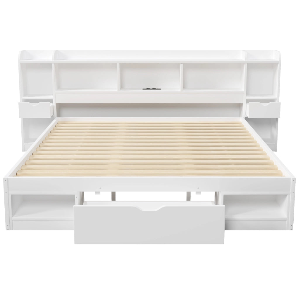 Letto a piattaforma 180x200 cm con cassetti e LED in MDF e compensato bianco