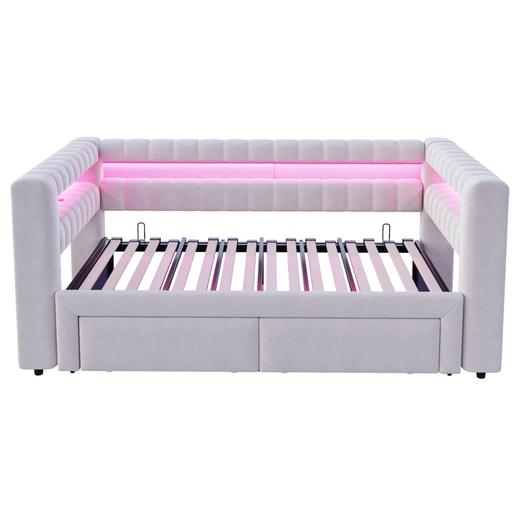 Divano letto estraibile 90x190/180x190 cm con cassetti, LED e USB-C in velluto grigio chiaro