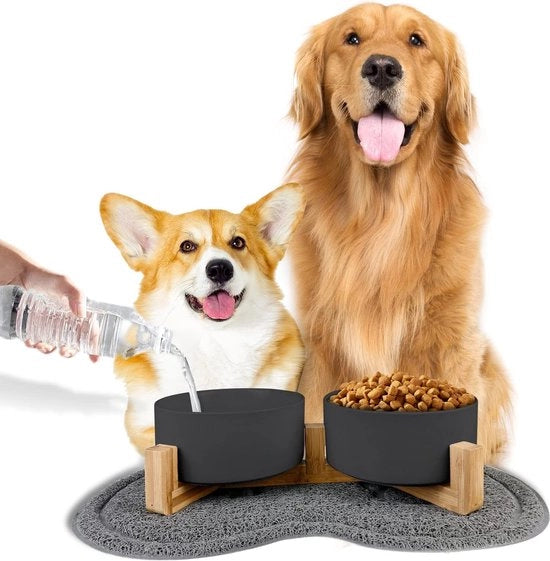 Ciotola per cani in ceramica con maniglia in bambù e piastra antiscivolo, adatta per cani e gatti (850 ml, 2-nero)