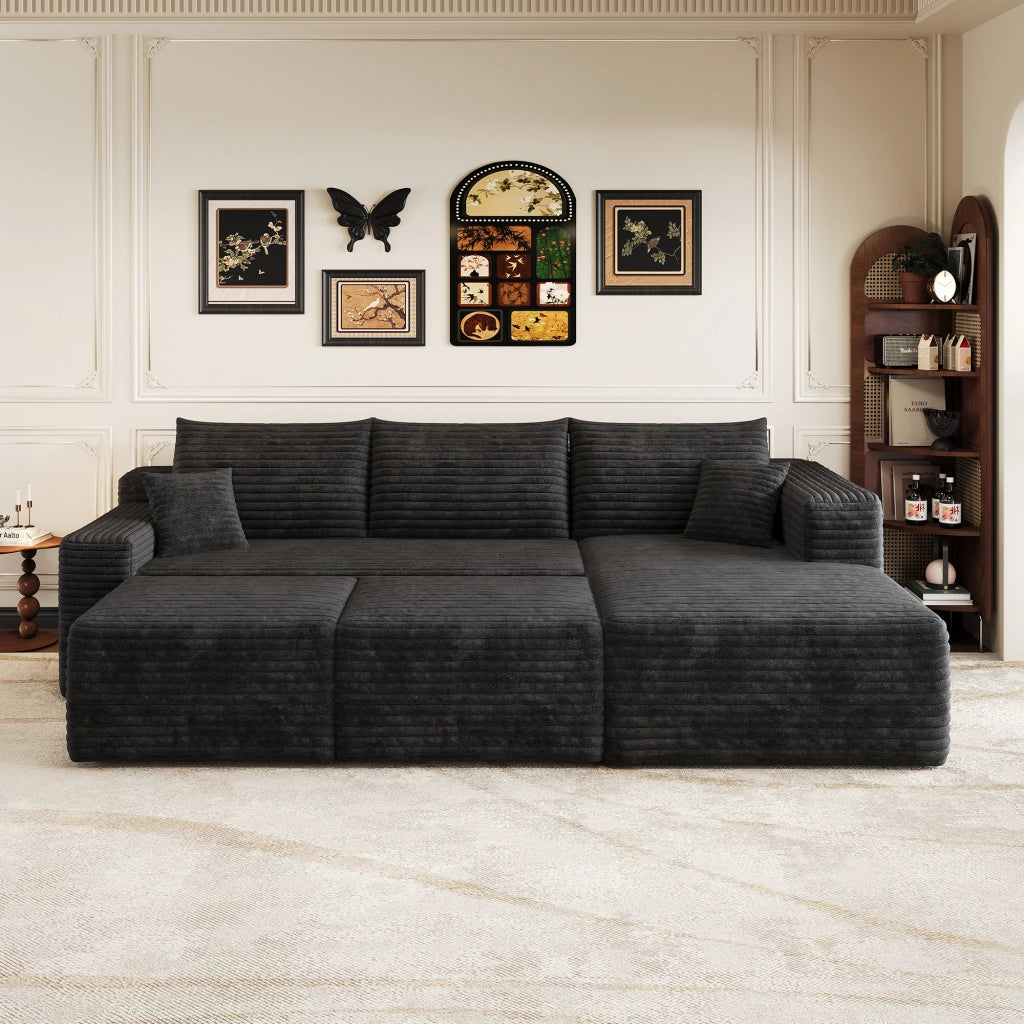 Divano ad angolo in tessuto con seduta profonda e montaggio rapido senza attrezzi in velluto a coste nero 241 × 151 × 58 cm