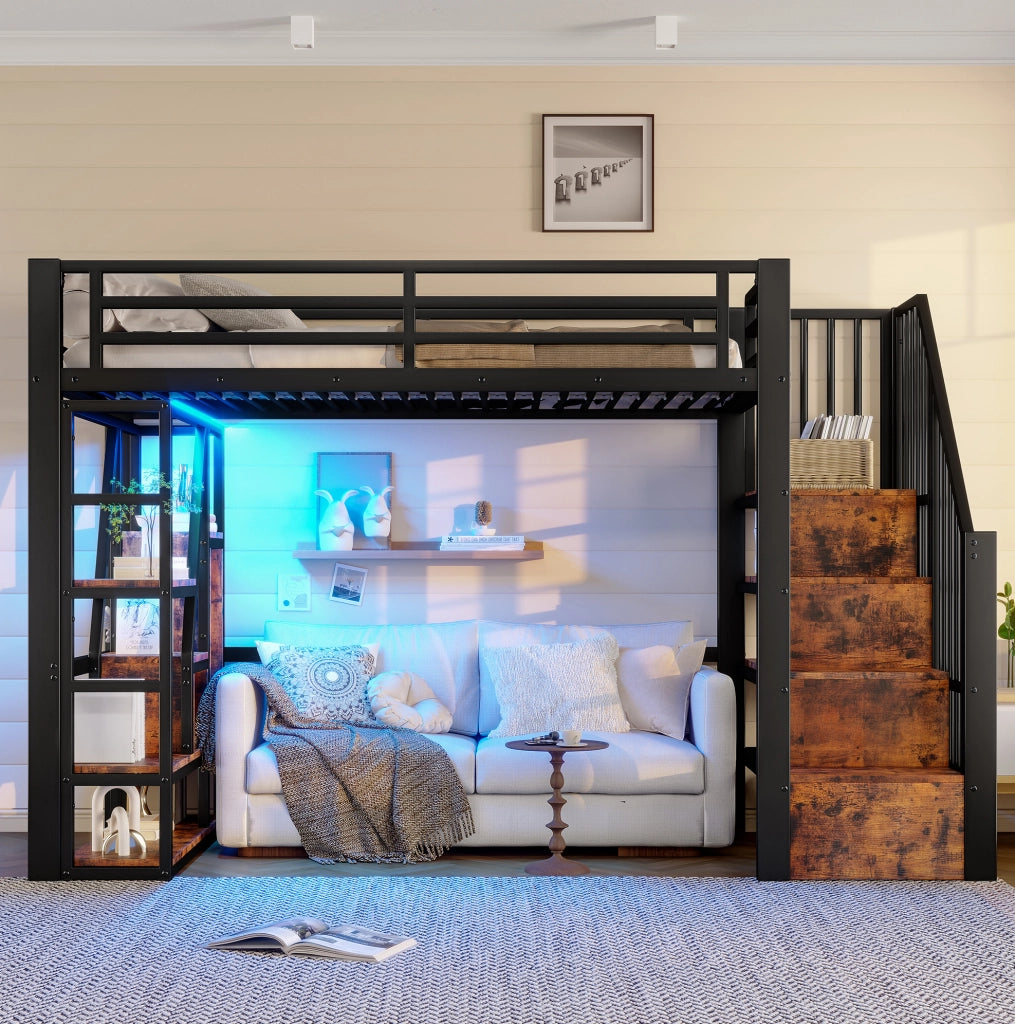 Letto a soppalco 90x200 cm in metallo e MDF con LED; scala contenitore e protezioni; nero