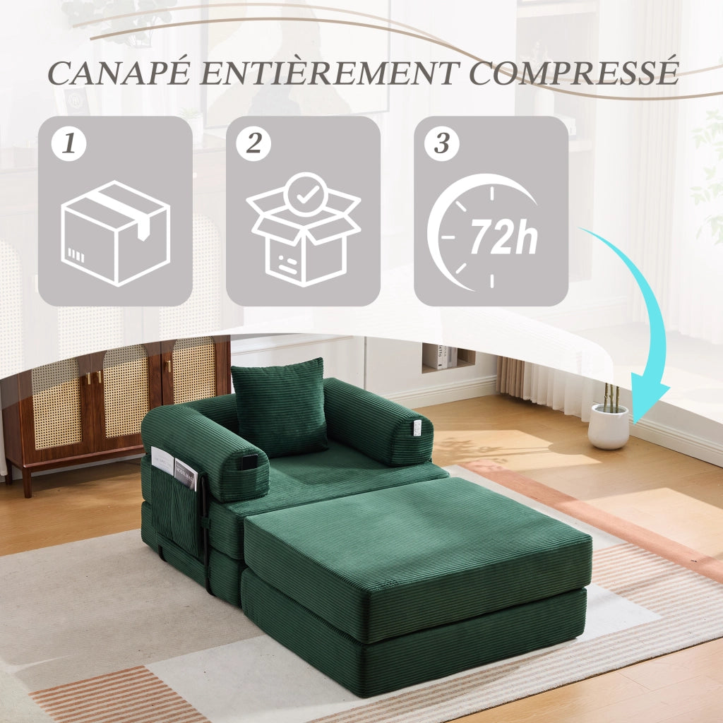 Divano modulare in velluto a coste senza montaggio con pouf, cuscino e tasca laterale, design ergonomico, verde smeraldo