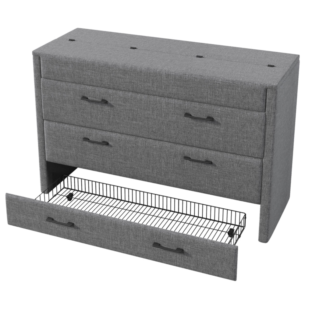 Letto a scomparsa 140x200 con porta USB e Type-C; cassetto e design salvaspazio in lino e MDF grigio